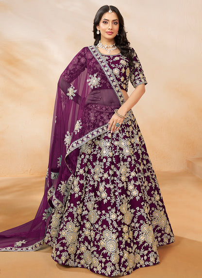 386704 Art Silk Wine Wedding Wear Zari Embroidery Work Lehenga Choli