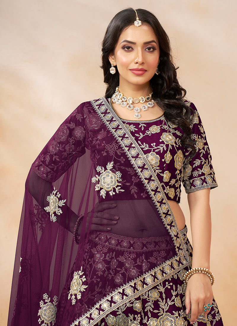 386704 Art Silk Wine Wedding Wear Zari Embroidery Work Lehenga Choli
