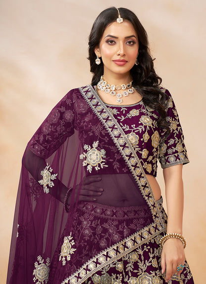 386704 Art Silk Wine Wedding Wear Zari Embroidery Work Lehenga Choli