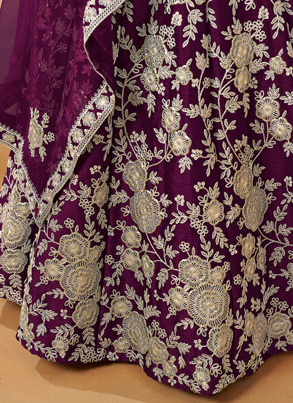 386704 Art Silk Wine Wedding Wear Zari Embroidery Work Lehenga Choli