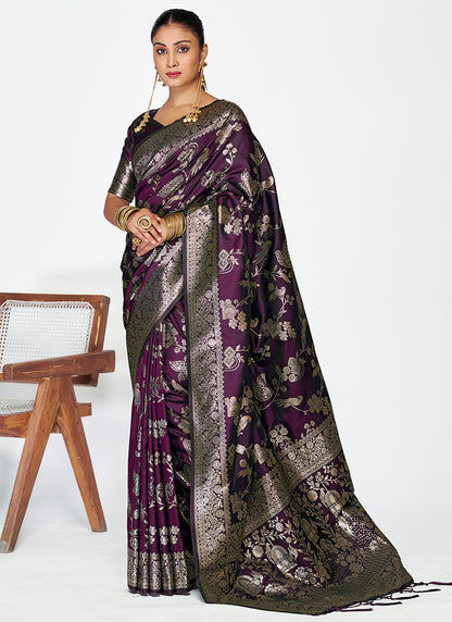 Banarasi Silk Wine Party Wear Zari Weaving Work Saree 387510