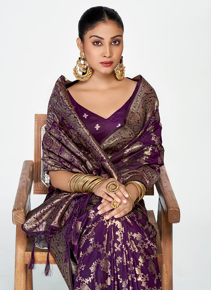 Banarasi Silk Wine Party Wear Zari Weaving Work Saree 387512