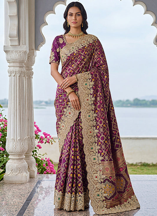 Wine Banarasi Silk Embroidery Work Wedding Wear Saree SW887469