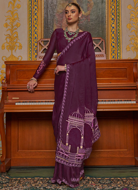 Wine Chiffon Embroidery Work Party Wear Saree SW454245