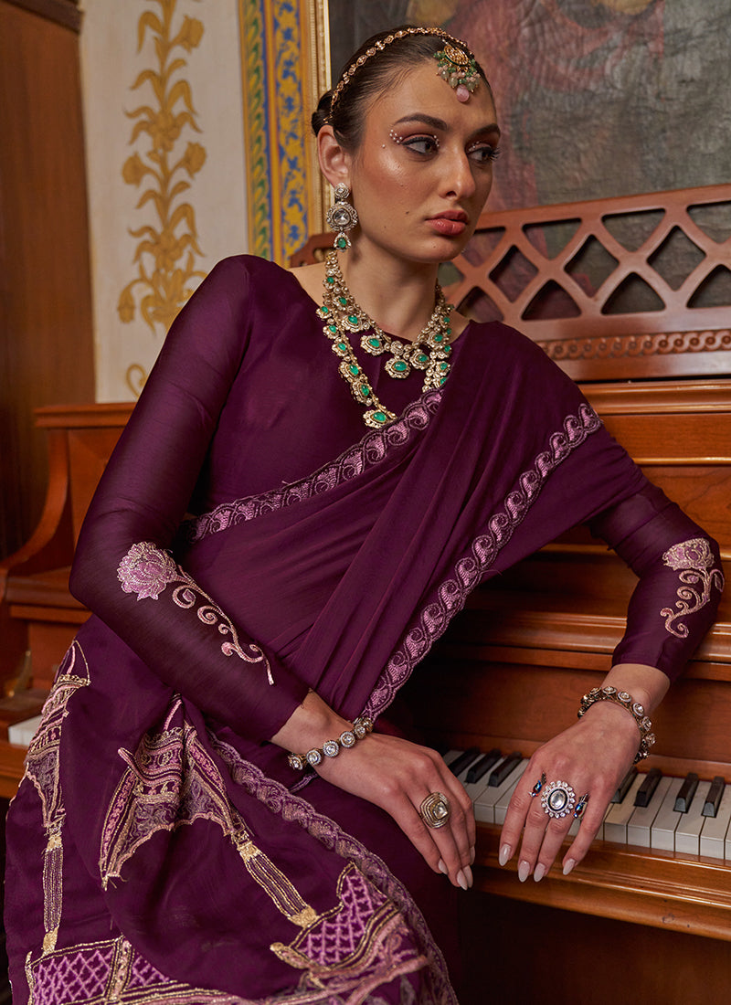 Wine Chiffon Embroidery Work Party Wear Saree SW454245