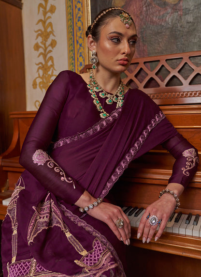Wine Chiffon Embroidery Work Party Wear Saree SW454245