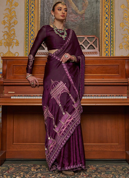 Wine Chiffon Embroidery Work Party Wear Saree SW454245