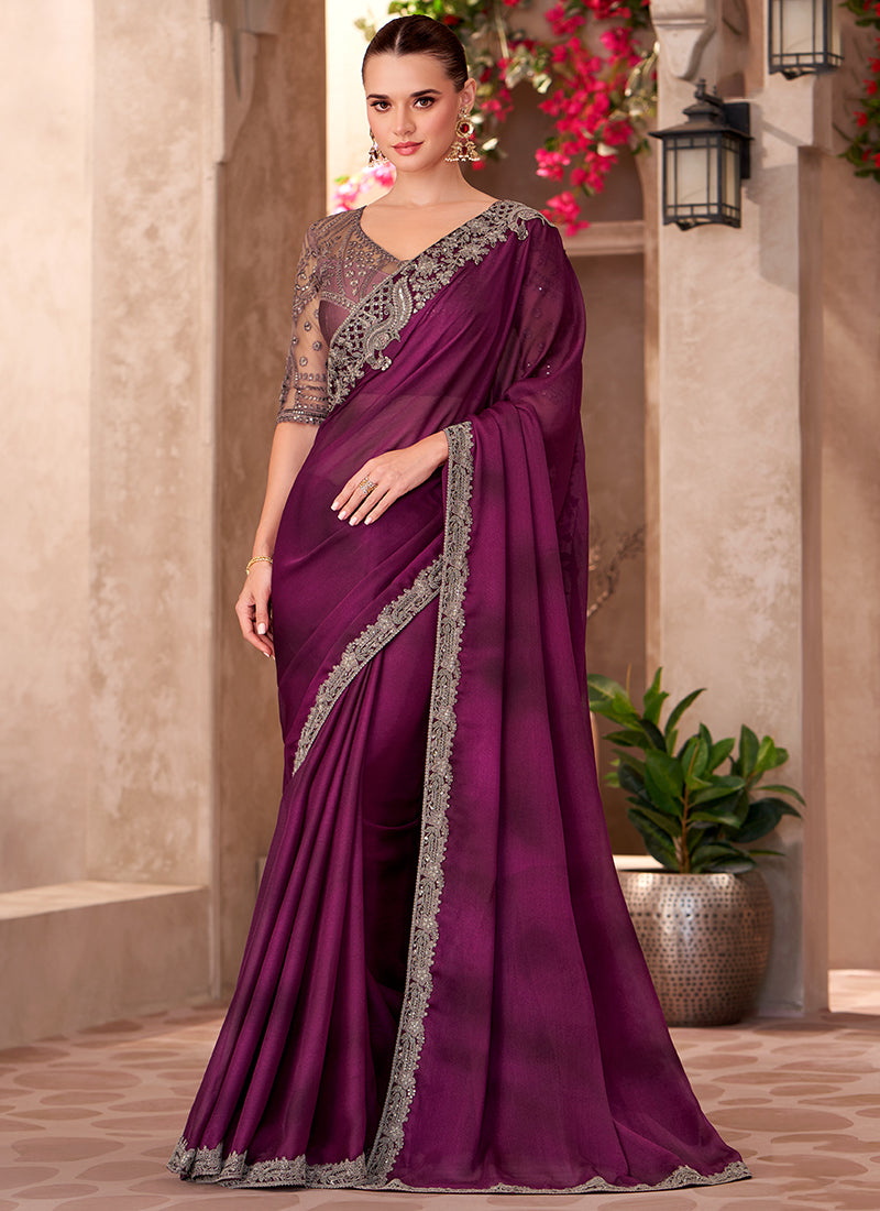 Chiffon Wine Saree with Linen Work for Bridal Wear 380652