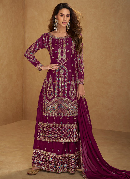 Wine Chinon Embroidery Work Occasional Wear Readymade Plazzo Suit SW600206