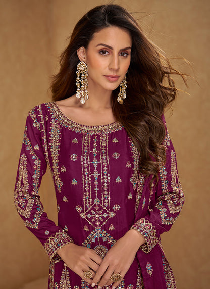 Wine Chinon Embroidery Work Occasional Wear Readymade Plazzo Suit SW600206