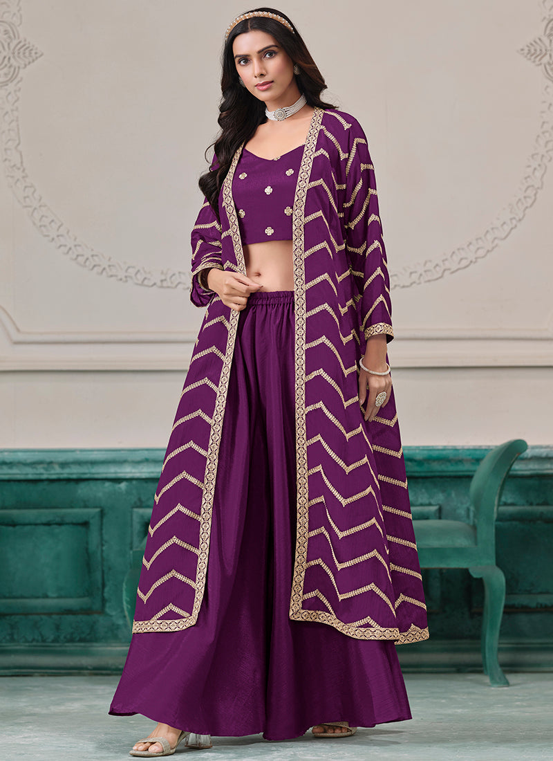 Wine Chinon Silk Embroidery Work Party Wear Indowestern Suit SW493558