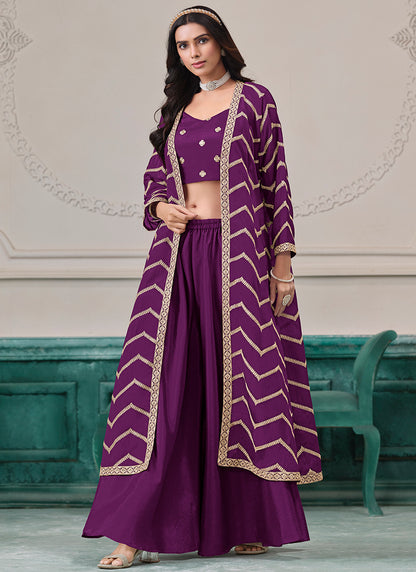 Wine Chinon Silk Embroidery Work Party Wear Indowestern Suit SW493558