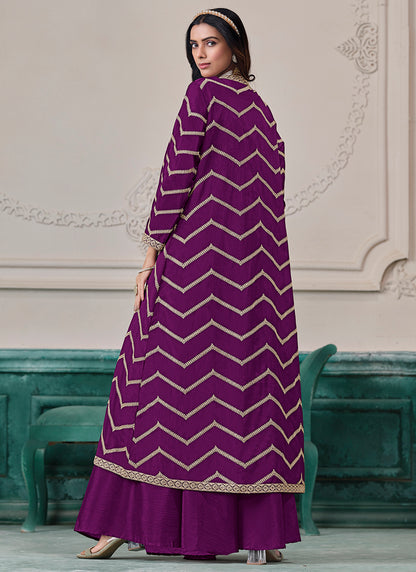 Wine Chinon Silk Embroidery Work Party Wear Indowestern Suit SW493558