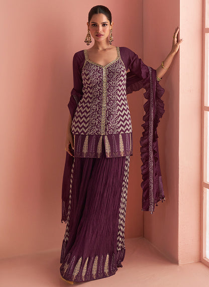 Wine Chinon Silk Embroidery Work Party Wear Readymade Plazzo Suit SW355744