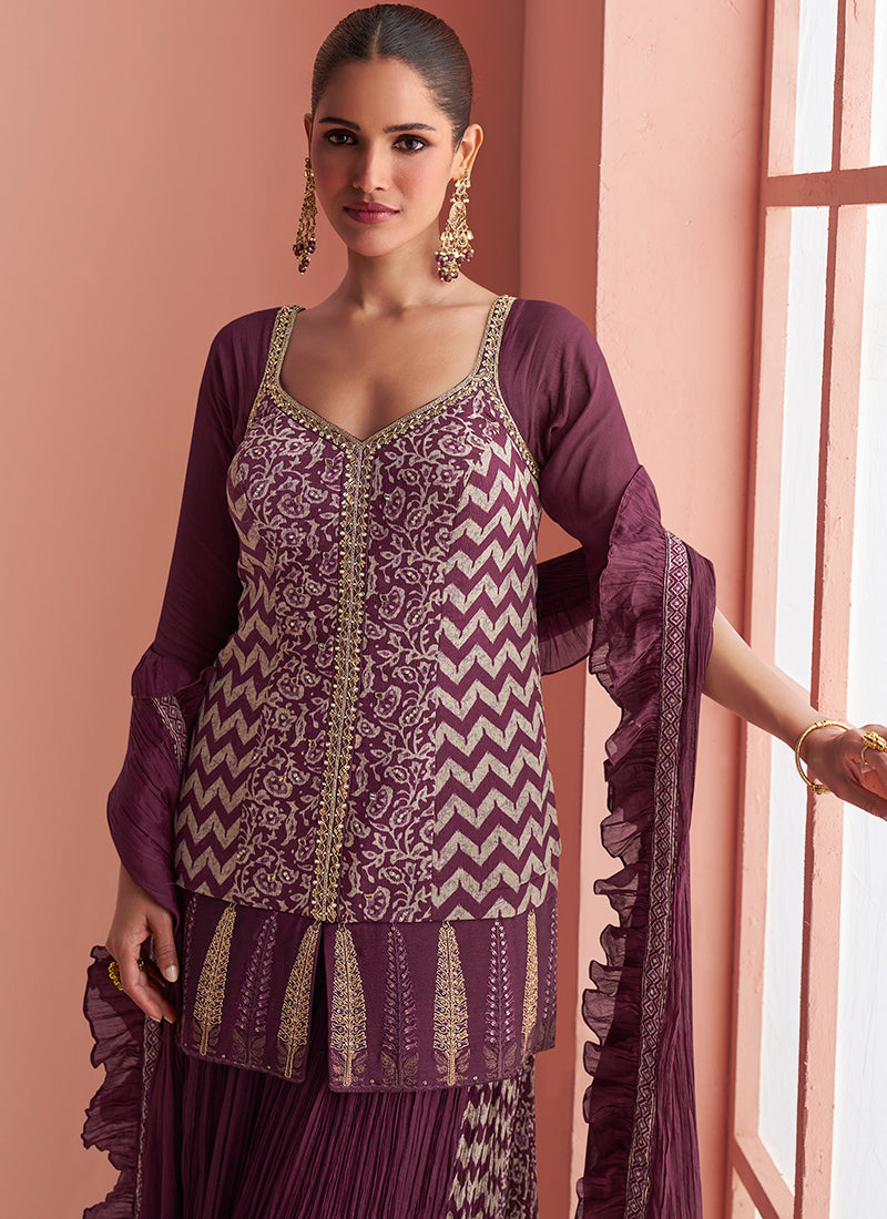Wine Chinon Silk Embroidery Work Party Wear Readymade Plazzo Suit SW355744