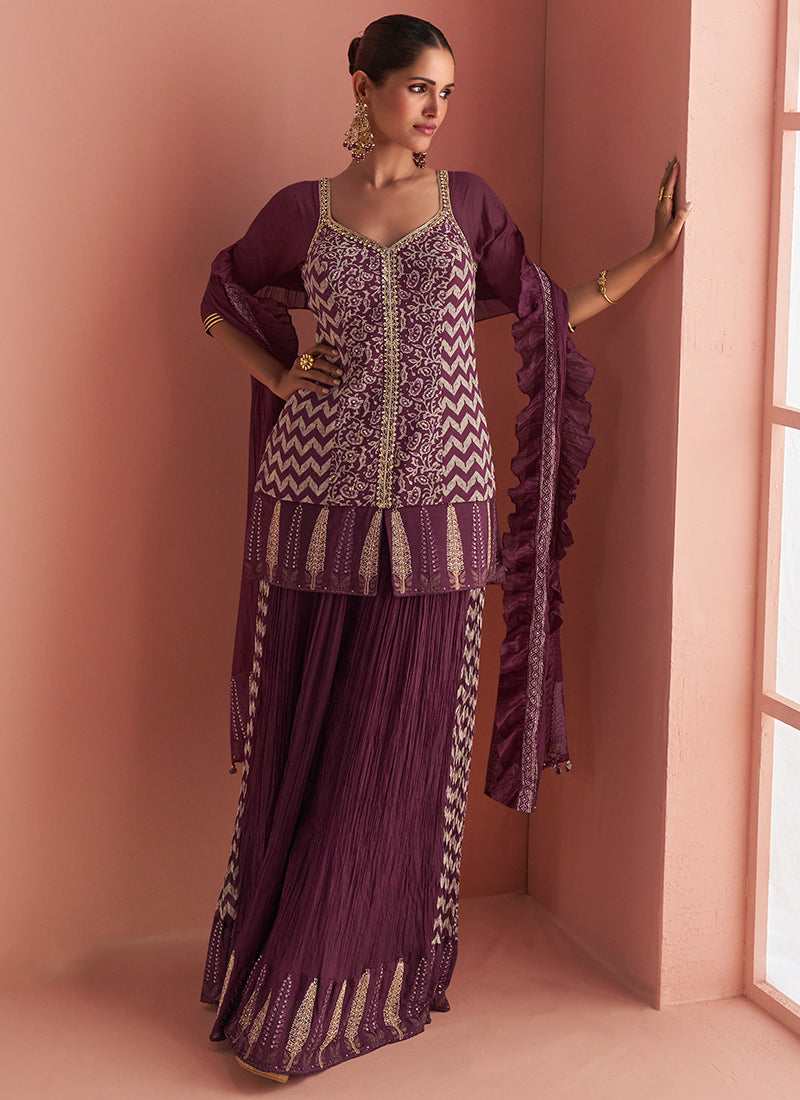 Wine Chinon Silk Embroidery Work Party Wear Readymade Plazzo Suit SW355744