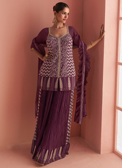 Wine Chinon Silk Embroidery Work Party Wear Readymade Plazzo Suit SW355744