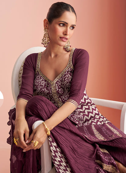 Wine Chinon Silk Embroidery Work Party Wear Readymade Plazzo Suit SW355744