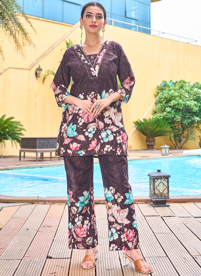 Cotton Wine Casual Wear Hand Work Readymade Cord Set 384913