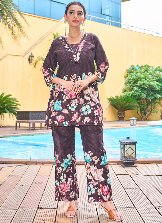 Cotton Wine Casual Wear Hand Work Readymade Cord Set 384913