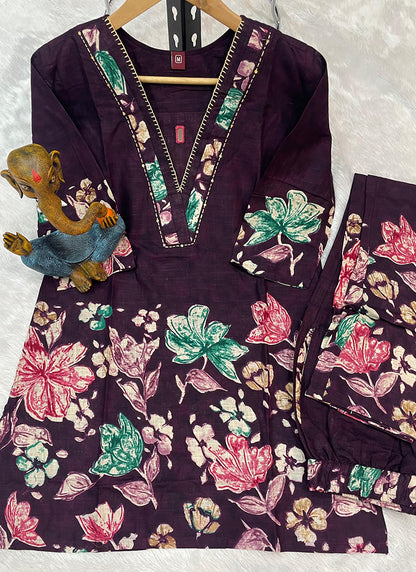 Cotton Wine Casual Wear Hand Work Readymade Cord Set 384913