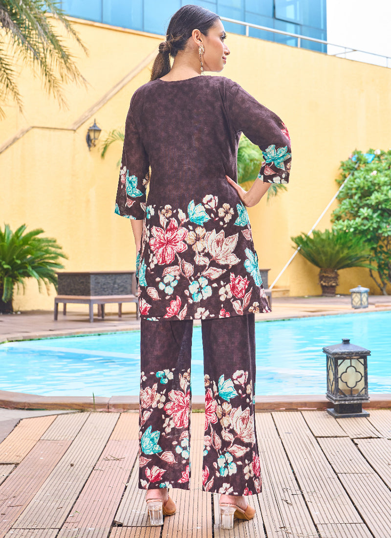 Cotton Wine Casual Wear Hand Work Readymade Cord Set 384913