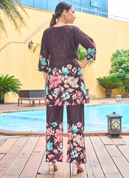 Cotton Wine Casual Wear Hand Work Readymade Cord Set 384913