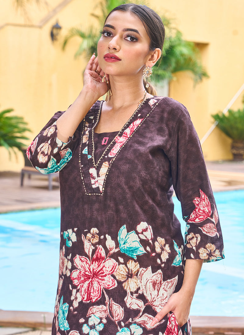 Cotton Wine Casual Wear Hand Work Readymade Cord Set 384913