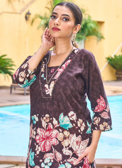 Cotton Wine Casual Wear Hand Work Readymade Cord Set 384913