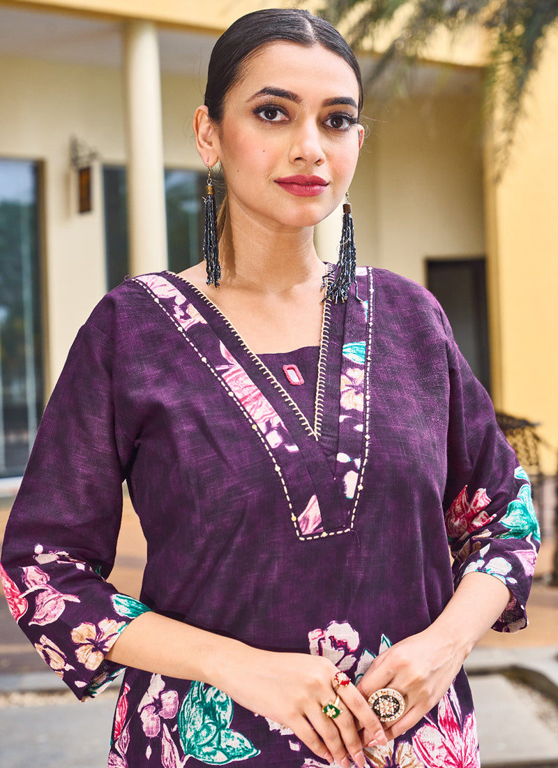 Cotton Wine Casual Wear Hand Work Readymade Cord Set 384915