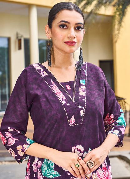 Cotton Wine Casual Wear Hand Work Readymade Cord Set 384915