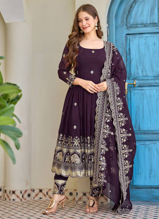 Wine Crunchy Silk Sequins Work  Festival Wear Readymade Anarkali Suit SW315886