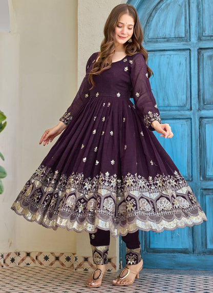 Wine Crunchy Silk Sequins Work  Festival Wear Readymade Anarkali Suit SW315886