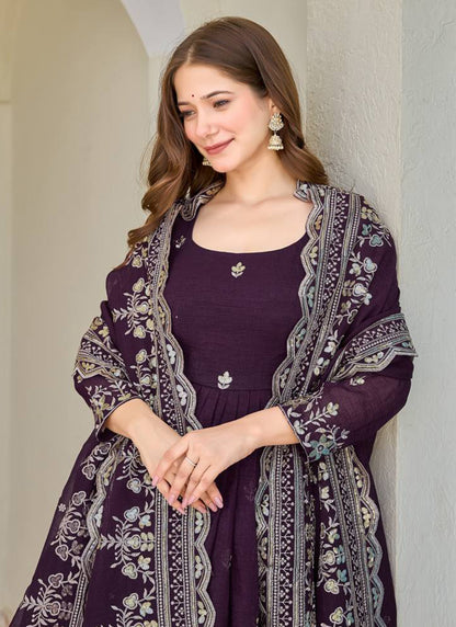 Wine Crunchy Silk Sequins Work  Festival Wear Readymade Anarkali Suit SW315886
