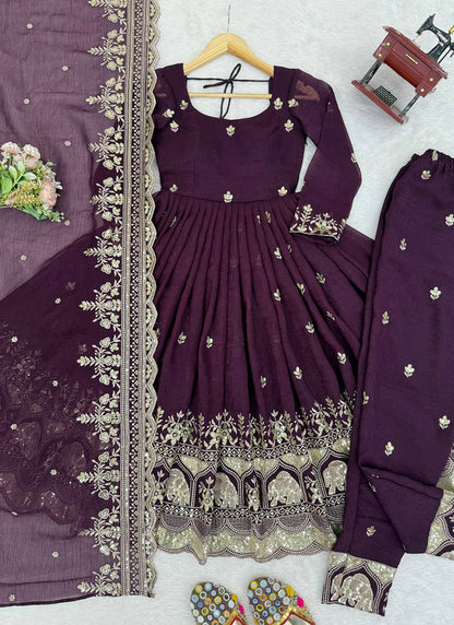 Wine Crunchy Silk Sequins Work  Festival Wear Readymade Anarkali Suit SW315886