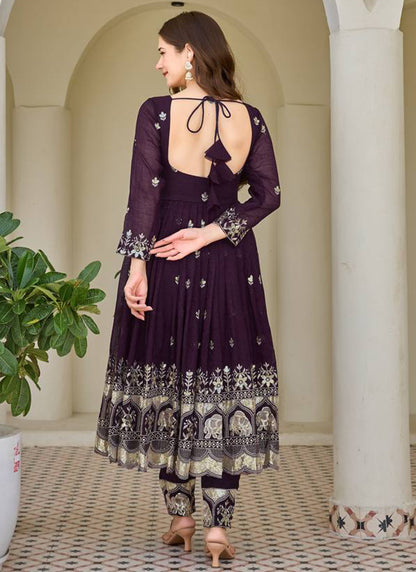 Wine Crunchy Silk Sequins Work  Festival Wear Readymade Anarkali Suit SW315886