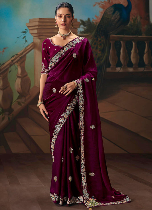 Wine Fancy Sequins Work  Wedding Wear Saree SW652671