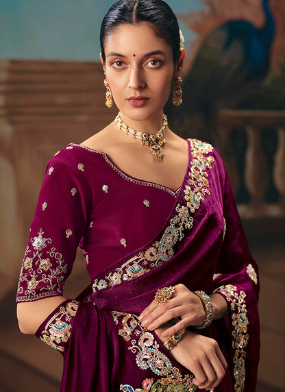 Wine Fancy Sequins Work  Wedding Wear Saree SW652671