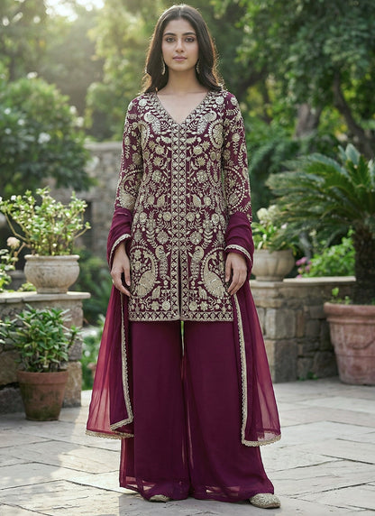 Wine Faux Georgette Embroidery Work Party Wear Readymade Plazzo Suit SW167199