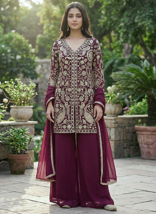 Wine Faux Georgette Embroidery Work Party Wear Readymade Plazzo Suit SW167199