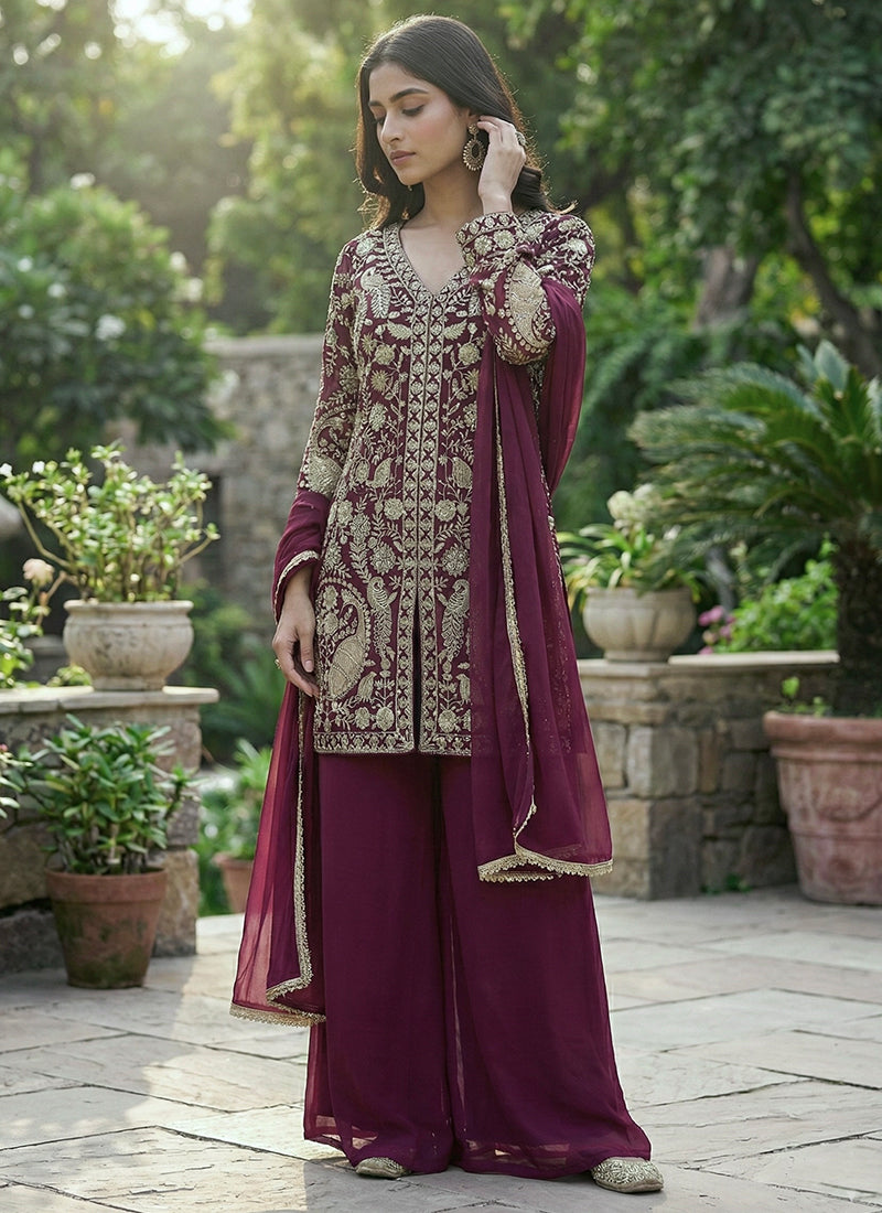 Wine Faux Georgette Embroidery Work Party Wear Readymade Plazzo Suit SW167199