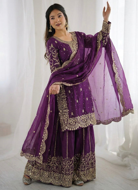 Wine Fendy Silk Embroidery Work Occasional Wear Readymade Plazzo Suit SW459772