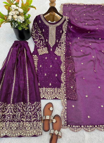 Wine Fendy Silk Embroidery Work Occasional Wear Readymade Plazzo Suit SW459772