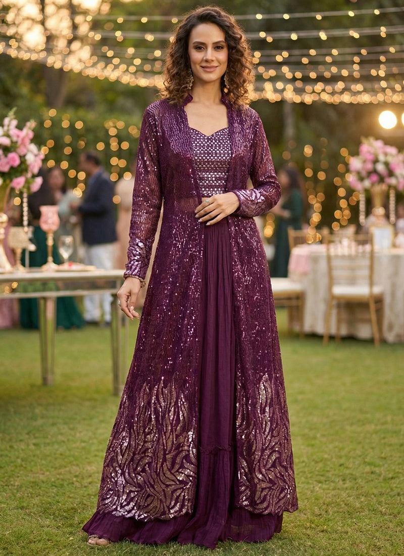Georgette Wine Designer Wear Sequins Work Designer Suit 390702