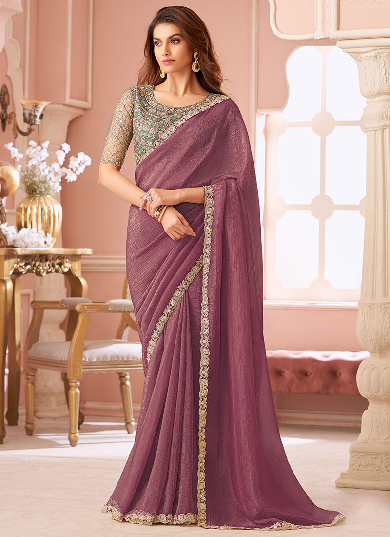 Georgette Wine Saree with Border Work for Festival Wear 381880