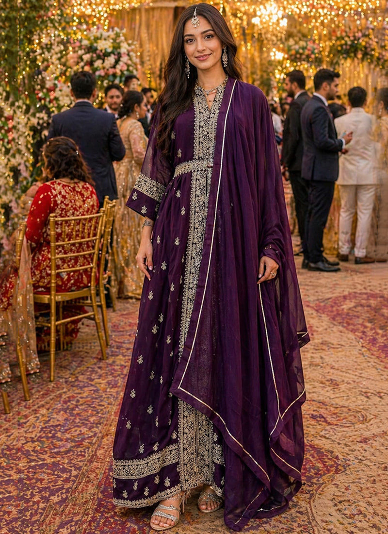Wine Georgette Embroidery Work Occasional Wear Readymade Ethnic Wear SW294840