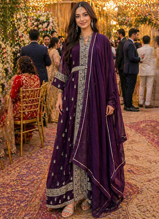 Wine Georgette Embroidery Work Occasional Wear Readymade Ethnic Wear SW294840