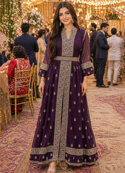 Wine Georgette Embroidery Work Occasional Wear Readymade Ethnic Wear SW294840