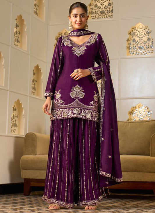 Wine Georgette Embroidery Work Occasional Wear Readymade Plazzo Suit SW520332
