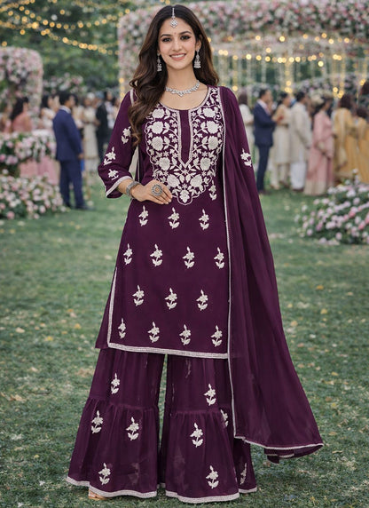 Wine Georgette Embroidery Work Occasional Wear Readymade Sharara Suit SW670026